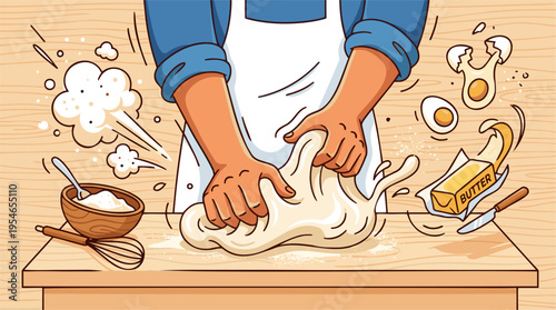 Close-up illustration of hands kneading dough on a wooden table with baking ingredients like flour, butter, and eggs surrounding them, depicting the process of making bread or pastries.