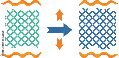 Vector abstract illustration of a green lattice structure transforming into a denser blue lattice structure, representing material evolution or change
