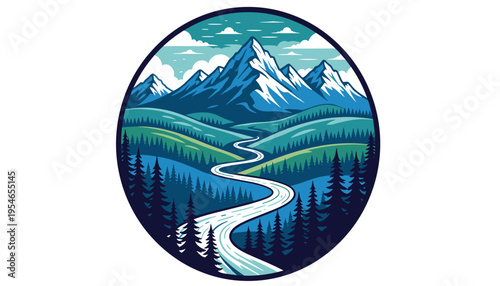 Serene mountain landscape with winding road and evergreen forest