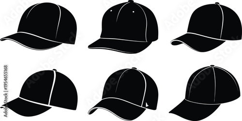 Baseball cap silhouette icon set featuring multiple styles, brim variations, and stitching details, perfect for fashion, retail, branding, and design projects