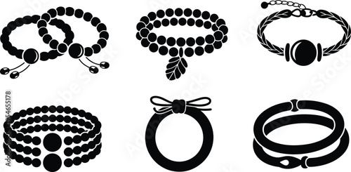 Bracelet silhouette icon set featuring beaded, braided, layered, and charm designs, perfect for fashion, jewelry, retail, and decorative design projects