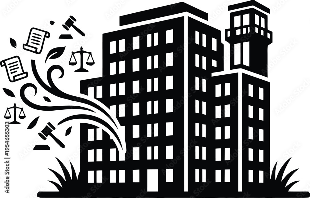 Fototapeta premium Modern courthouse building illustration with symbols of justice and law