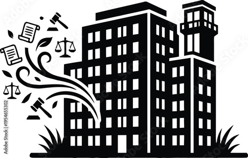 Modern courthouse building illustration with symbols of justice and law