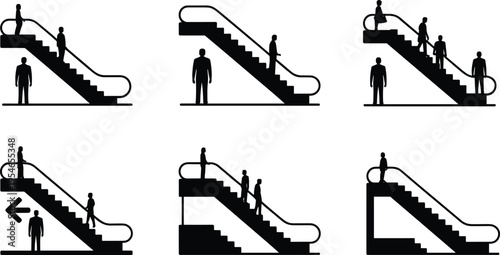Escalator icon set featuring people ascending and descending with directional arrows and support structures, perfect for architectural, instructional, transport, and design projects