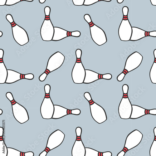 Pattern with hand drawn Bowling Pins with red stripes on blue pastel background for sports design