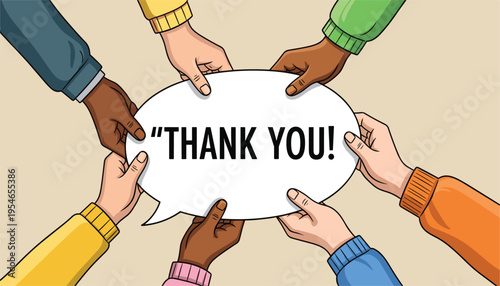 Diverse hands holding a speech bubble with a heartfelt thank you message in a colorful and vibrant illustration