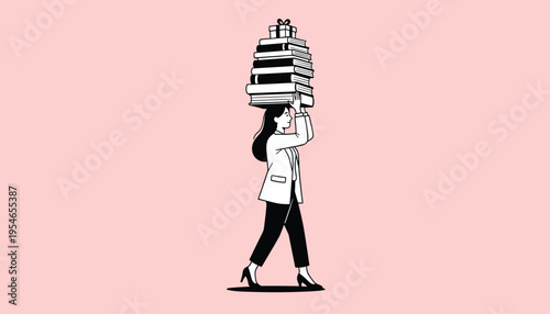 Woman carrying a large stack of books and a gift on her head
