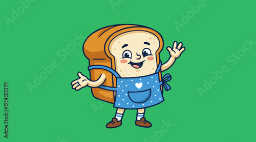 Cute cartoon slice of bread character wearing a blue apron, waving happily on a solid green background.