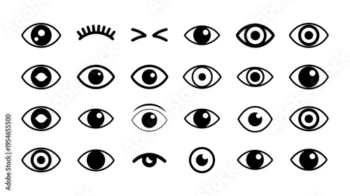 A comprehensive collection of various outline eye icons depicting different shapes, expressions, and views.