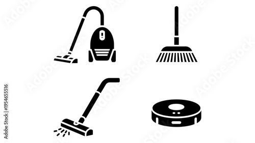 A collection of four black silhouette icons showcasing different types of essential household cleaning appliances.
