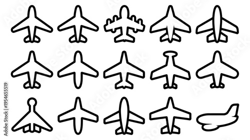 A modern set of outline airplane icons illustrating various aircraft types and flight positions.