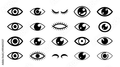 A diverse set of outline eye icons displaying various expressions and states like open, closed, and winking.