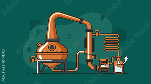 Detailed illustration of a traditional copper still and distillation apparatus for making spirits and alcoholic beverages.