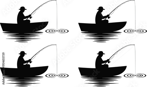 Fishing silhouette illustration featuring person in boat casting rod with water ripples, symbolizing leisure, sport, and nature, perfect for outdoor and design projects