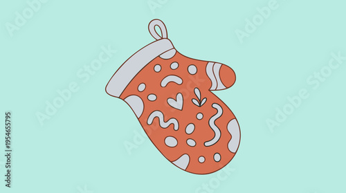 Cartoon illustration of a single orange oven mitt with white patterns on a light blue background, featuring a heart and squiggles.