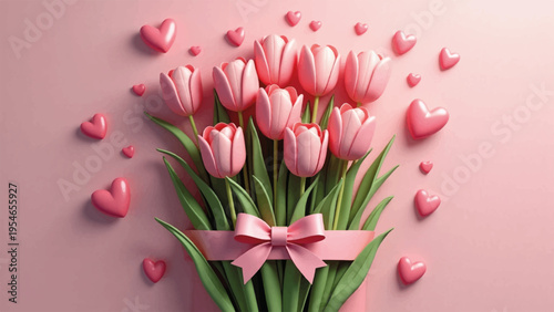 Vector bouquet of pink tulips with hearts and ribbon