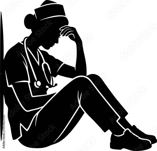 Tired Nurse Resting After Long Shift Silhouette Healthcare Hero Concept