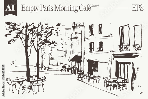 Empty Paris Morning Café Bare Trees Sketch Vector Art