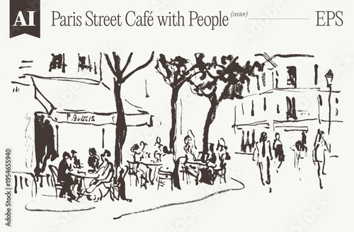 Paris Street Café People Trees Pedestrians Sketch Art