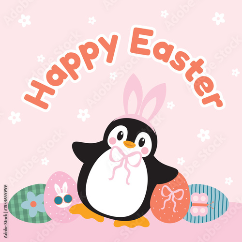 Happy Easter Cartoon Penguin with Bunny Ears and Eggs