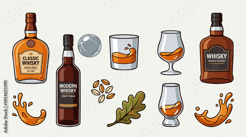 A collection of whiskey-related items including classic and modern bottles, various glasses, ice, oak leaves, barley, and splashes, all on a light background.