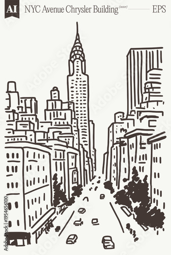 NYC Avenue Chrysler Building Art Deco Crown Gestural Sketch Dynamic
