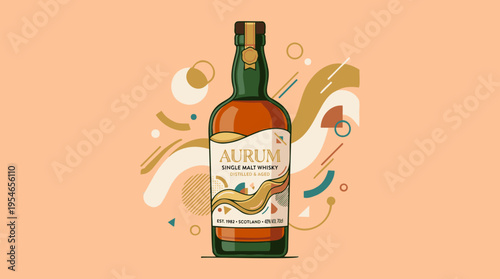 An illustration of a bottle of Aurum Single Malt Whiskey with a green cap and a cream label, set against a peach background with abstract geometric and organic shapes.