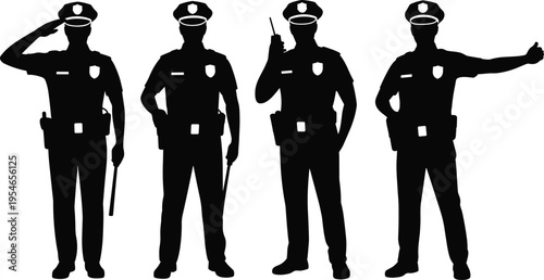 Police officer silhouette icon set featuring saluting, radio communication, baton, and thumbs-up gestures, perfect for law enforcement, security, and design projects