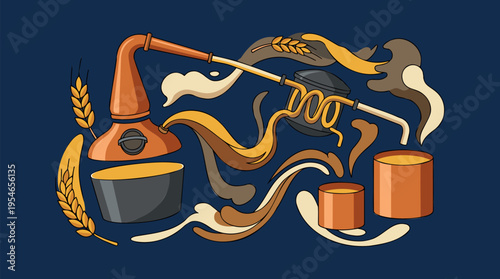 Artistic illustration of a traditional copper pot still distillery process with wheat, barrels, and flowing liquid on a dark background.