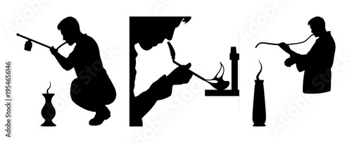 Glassblower silhouette set with solid black outline and blowpipe shaping molten glass featuring glassblowing, artisan work, molten glass with fire and furnace