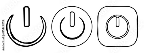 Power button set with simple line icon design featuring on/off symbol, toggle switch, electrical icon with universal, binary, device control