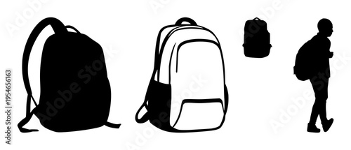 Backpack travel silhouette set with simple line art design featuring simple design, minimalist, black and white with illustrations and graphics