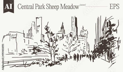 Central Park Sheep Meadow San Remo Towers Peaceful Leisurely Sketch