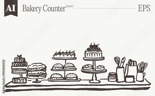 Bakery Counter Tiered Cakes Pastries Bold Sketch Artisanal Warm