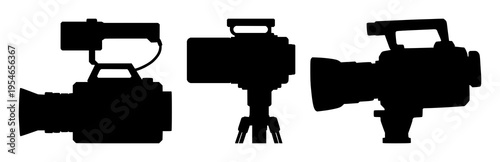 Video camera set with stylized silhouette of a classic film camera featuring movie, cinematography, photography with silhouette design and black and white finish