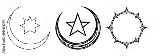 Islamic crescent and star set with golden crescent and white star over dark background featuring faith, symbolism, religious iconography with celestial and traditional design
