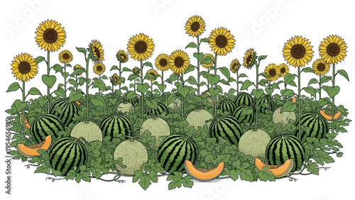 Watermelons and Sunflowers in a Field.