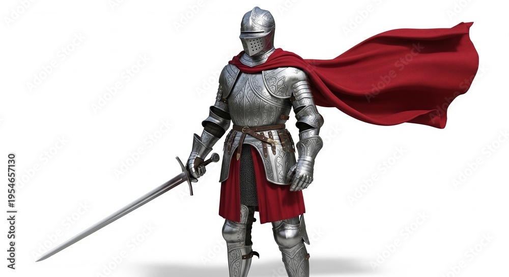 Obraz premium An ancient medieval warrior statue of a knight in metal armor wielding a 3d sword as a futuristic science fiction cyborg soldier illustration