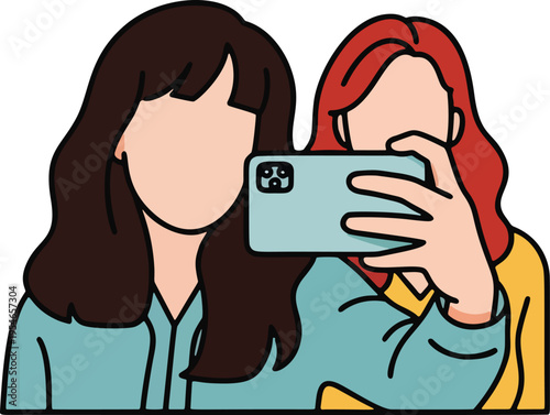 Two Friends Taking Selfie with Smartphone. Two female friends posing together while taking a selfie on their mobile phone.