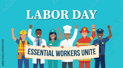 Labor Day Illustration Featuring Diverse Essential Workers Banner