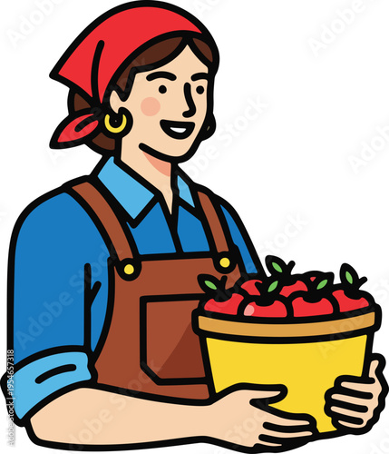 Woman Harvesting Red Apples in Basket. A female worker in an orchard happily carrying a basket full of freshly picked red apples.