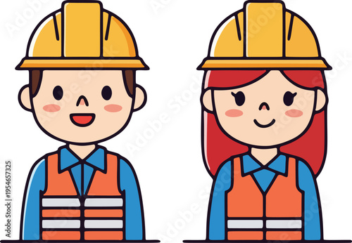 Young Construction Workers Couple Icon. Professional young man and woman construction workers wearing safety helmets and vests.