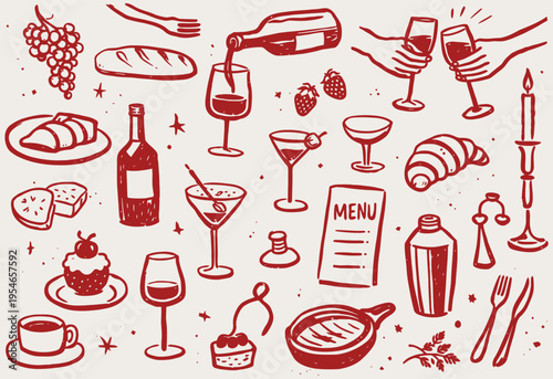 Hand drawn cafe and wine doodle set with glasses, bottle, croissant, desserts, menu, and tableware. Vintage sketch illustration ideal for restaurant menus, coffee shops, and food branding.
