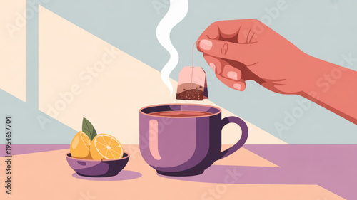 Hand holding tea bag over steaming cup with lemons on side warm beverage concept