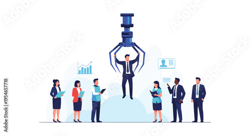 Giant robotic claw crane picking up a male professional from a group of diverse job candidates symbolizing talent acquisition and recruitment process.