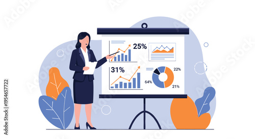 Professional business woman presenting financial data and performance charts on a flip chart during a corporate meeting or marketing strategy session.