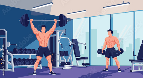Strong bodybuilders training in a modern fitness gym with professional equipment including barbells and dumbbells for strength and muscle building.