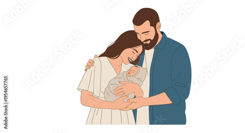 Loving young couple embracing their newborn baby wrapped in a soft blanket expressing happiness and parental affection in a minimalist vector style.
