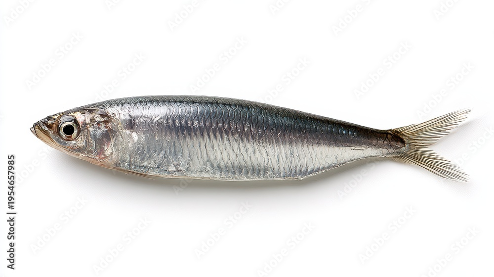 Fototapeta premium Whole fresh anchovy on a pristine white backdrop, close-up study of a single seafood specimen