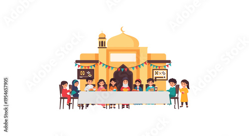 Diverse people gathering for iftar at mosque during ramadan